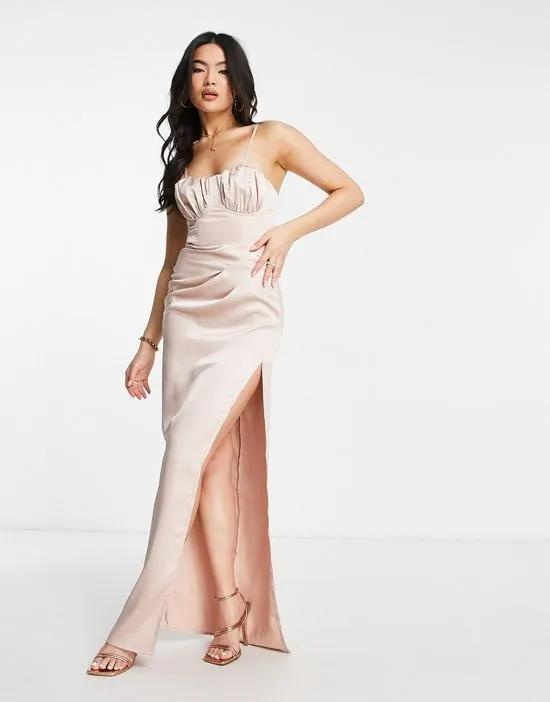 The Label satin ruched maxi dress with thigh split in stone