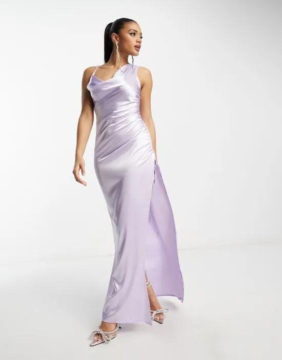 the label statement one shoulder satin maxi dress in lilac