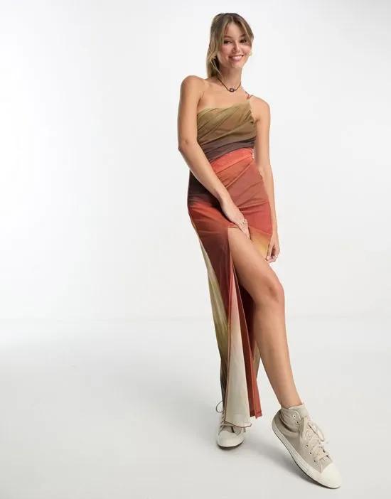 thigh split asymmetric mesh midi dress in orange ombre