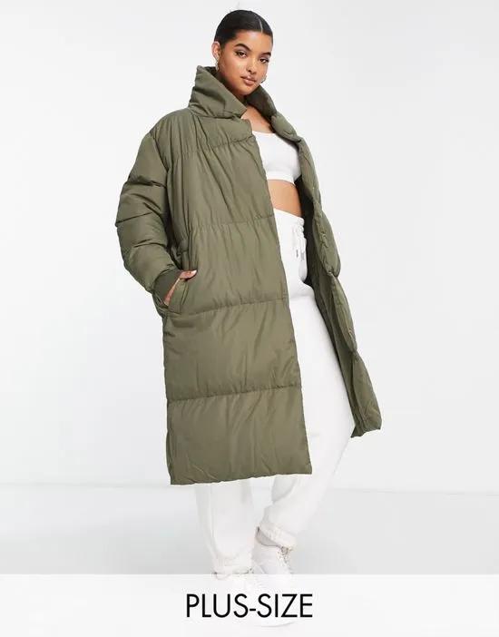 Threadbare Plus Kiwi oversized duvet maxi coat in khaki