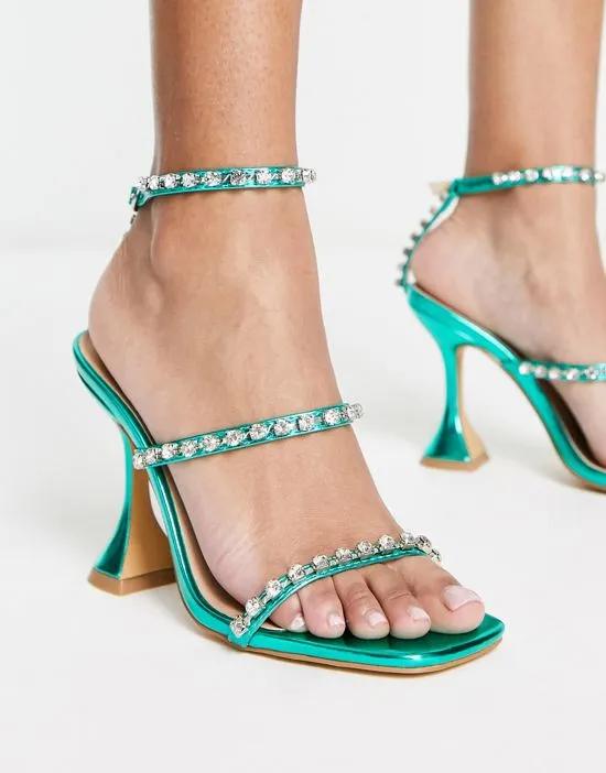 three part embellished flare heeled sandals in green metallic