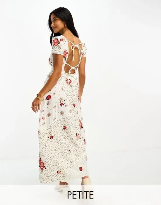 tie back embroidered floral maxi dress in cream