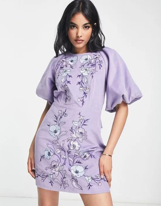 tie back floral embroidery cord mini dress in lilac