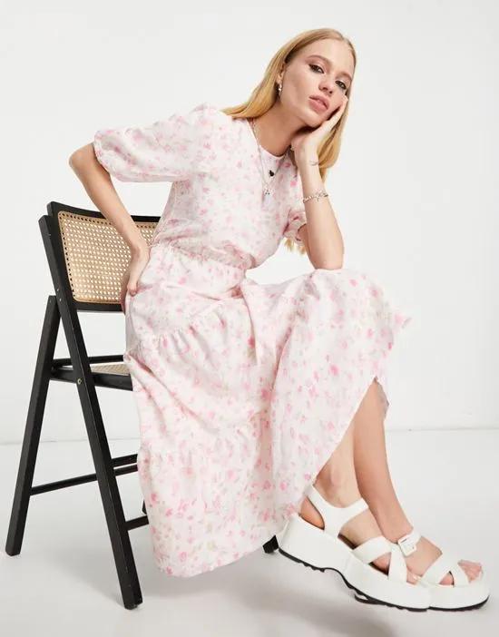 tie back midi dress in white and pink floral