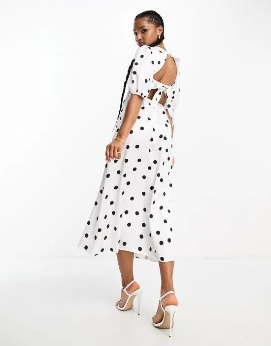 tie back midi dress in white polka dot