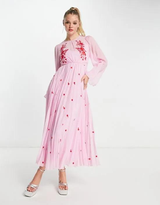 tie back pleated sleeve midi dress in pink with red embroidery