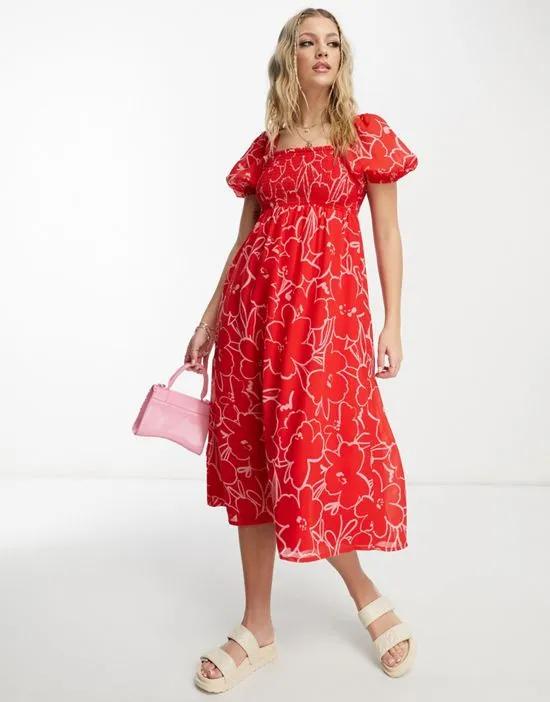 tie back shirred bust midi dress in pink/red floral