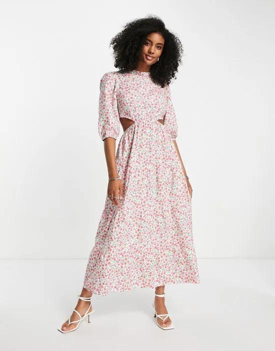 tie back tiered maxi smock dress in pink ditsy floral