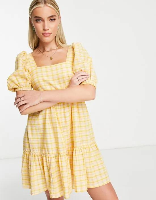 tie back tiered mini dress in yellow gingham