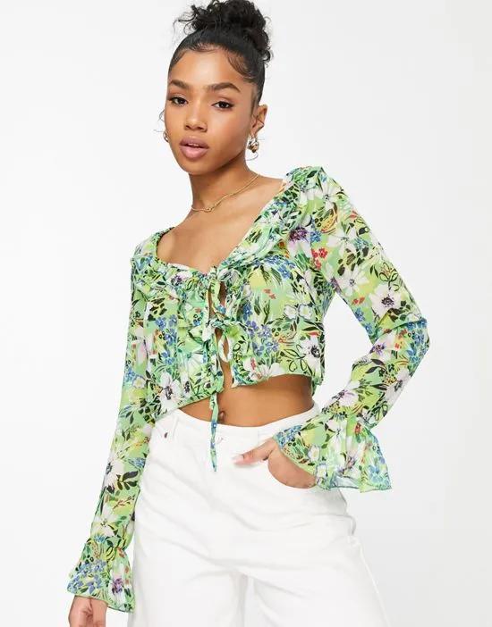 tie detail ruffle blouse in bold floral print