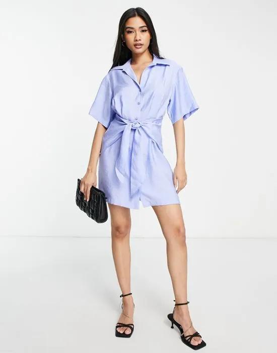 tie front blend mini shirt dress in light blue - LBLUE