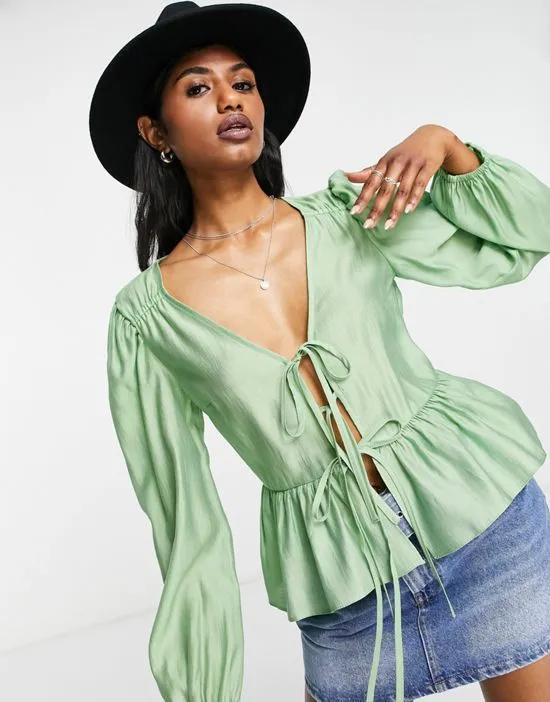 tie front blouse top in green