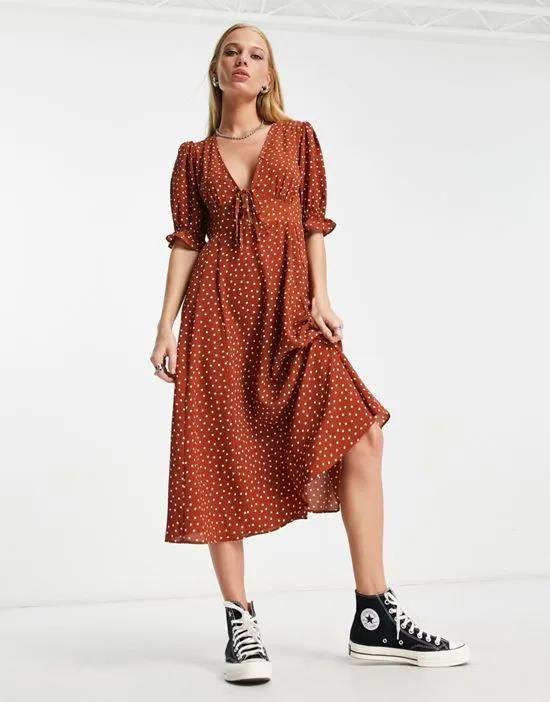Tie Front Chuck On Midi Tea Dress in Rust and Ivory Spot