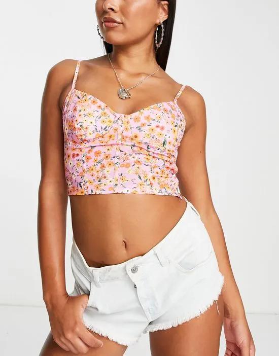 tie front corset detail cami crop top in ditsy pink floral