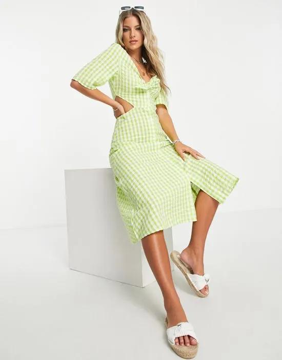 tie front cut out midi dress in green gingham