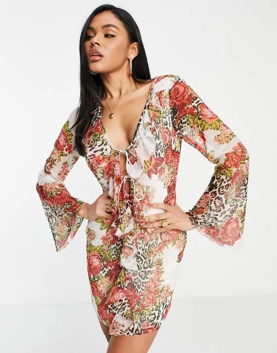 tie front flute sleeve mini dress in animal floral print