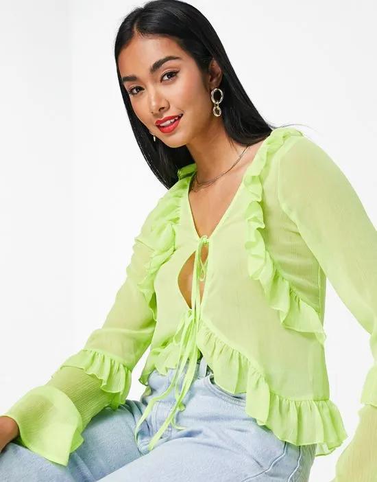 tie front frill neck sheer blouse in lime