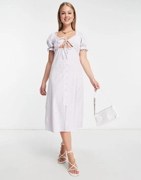 tie front midi dress in lilac gingham