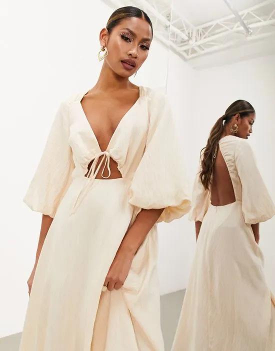 tie front midi dress with cut out detail in cream