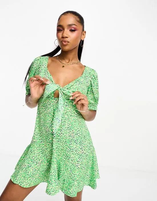 tie front mini dress in green floral