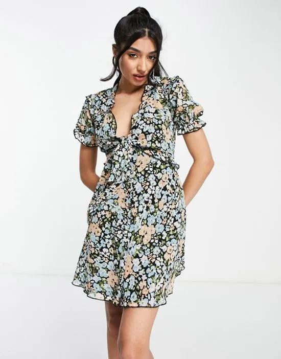 tie front mini dress with ruffle skirt in floral print