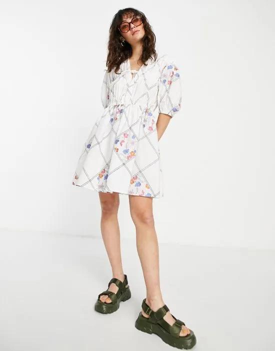 tie front mini smock dress in patchwork floral embroidery in white