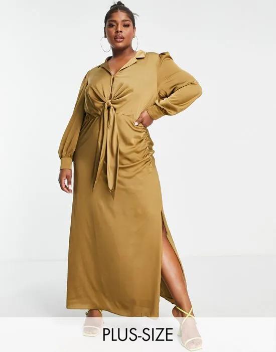 tie front ruched shirt midi dress in olive