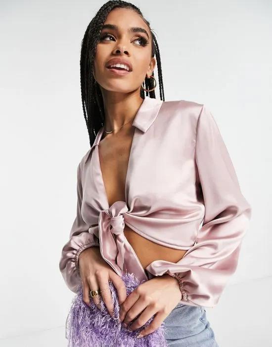 tie front satin blouse in rose