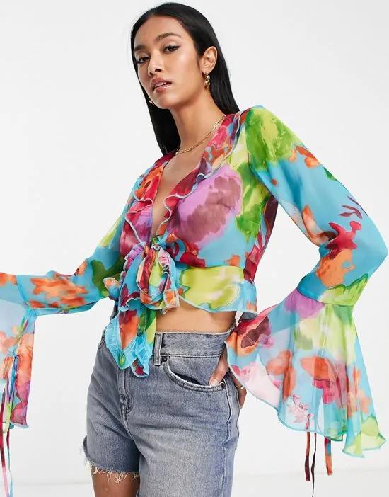 tie front sheet blouse with frill neck in blue bright floral