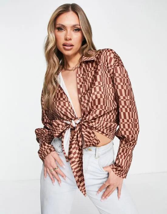 tie front shirt in brown checkerboard - part of a set