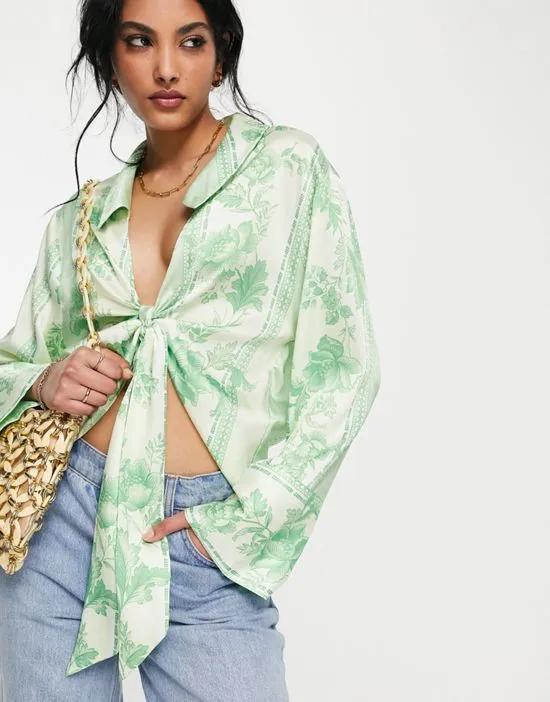 tie front shirt with kimono sleeve in green wallpaper floral print