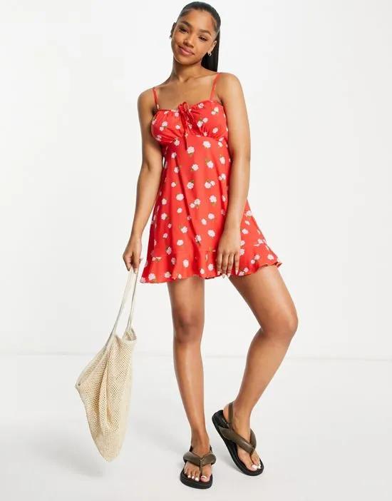 tie front slip dress in red rose print - RED