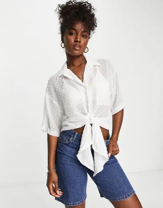 tie front textured shirt in ivory