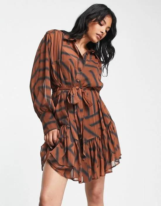 tie front tiered mini shirt dress in brown abstract