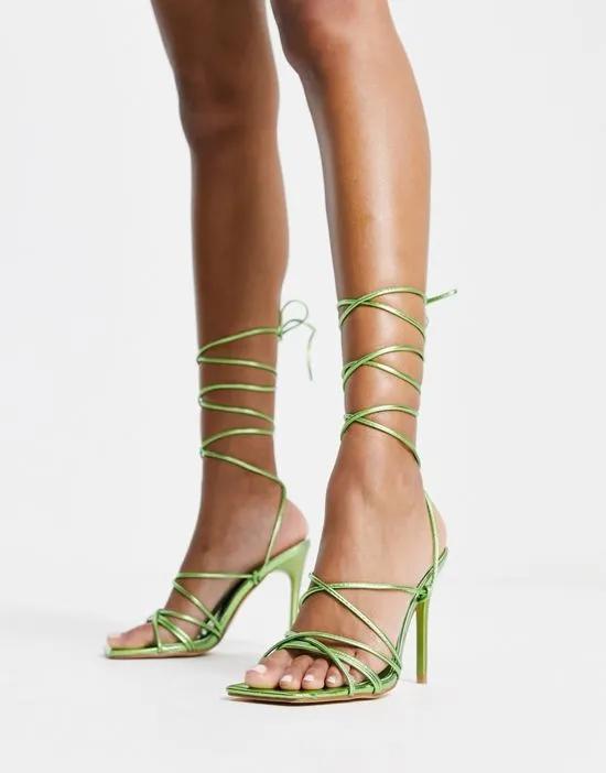tie leg stilletto heeled sandals with square toe in green