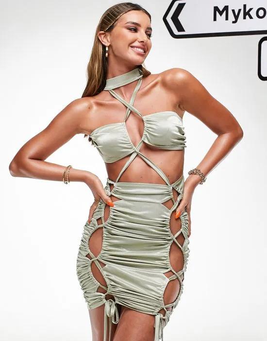 tie neck ruched strappy mini dress in sage green