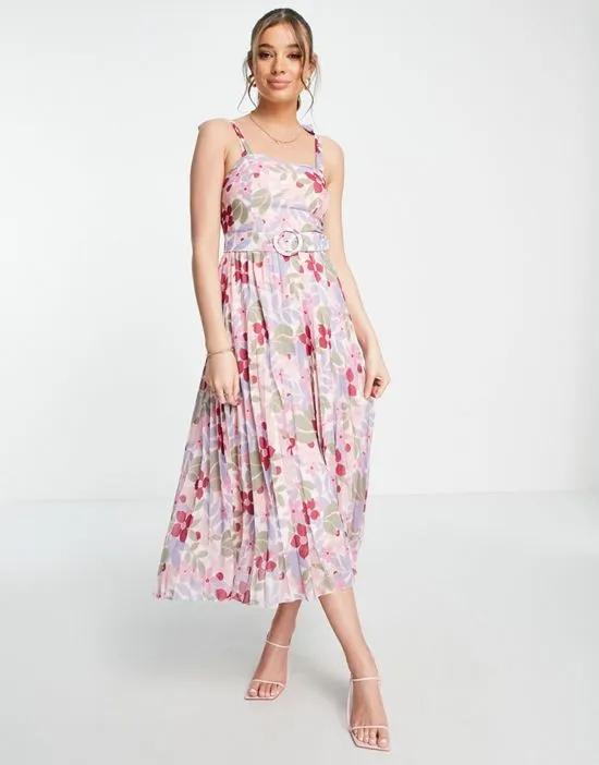 tie shoulder belted pleated midi dress in floral