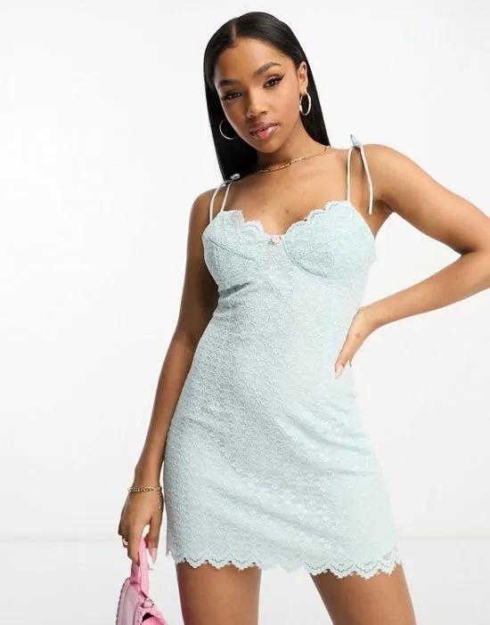 tie shoulder cami mini dress with cup detail in sky blue lace