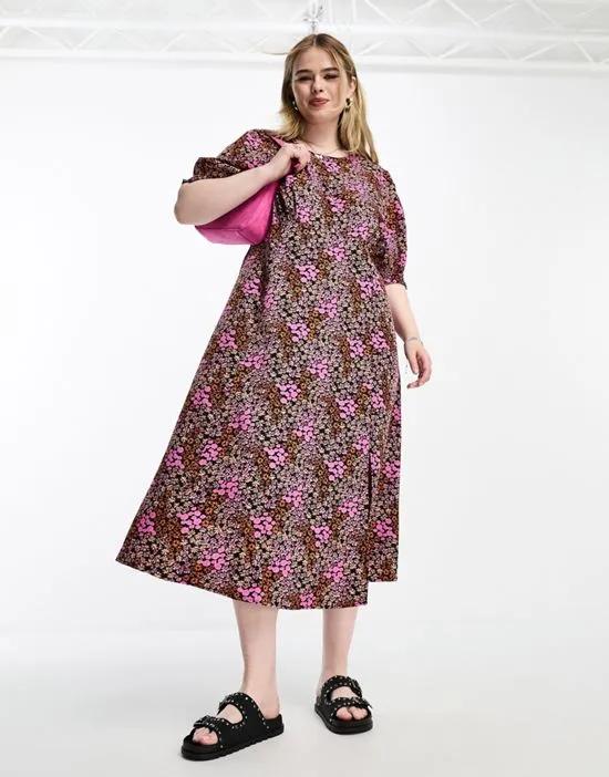 tie sleeve midi dress in mixed floral print