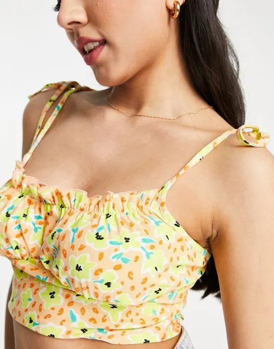 tie strap ruched bust cami crop top in spring floral