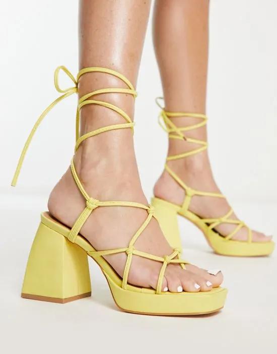 tie up block heeled sandals in lemon yellow