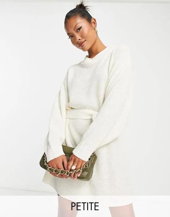 tie waist chunky sweater dress in off white knit