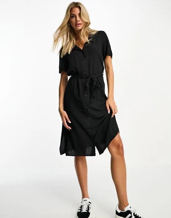 tie waist midi shirt dress in black