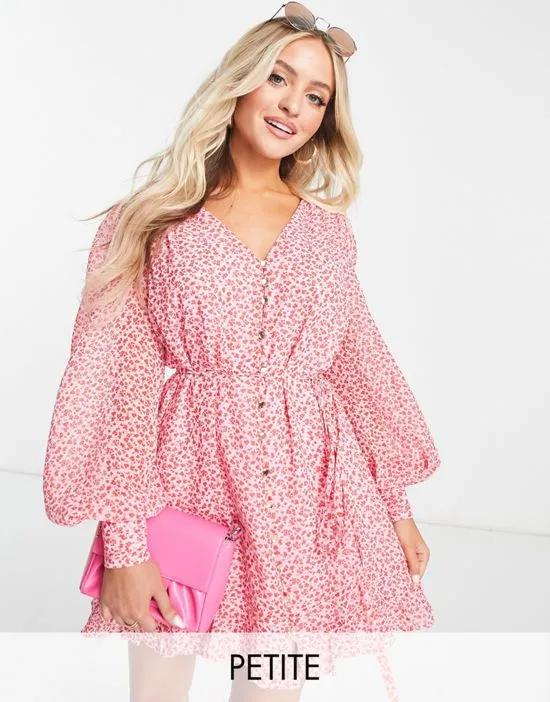 tie waist mini dress in pink ditsy floral