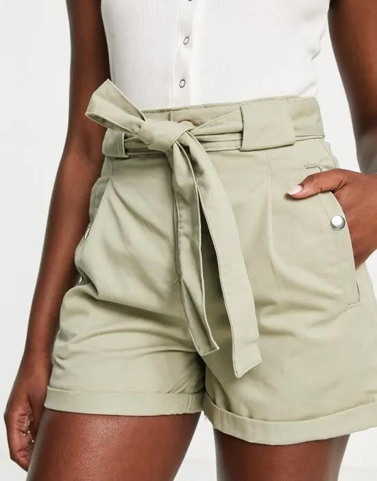 tie waist paperbag denim shorts in sage green