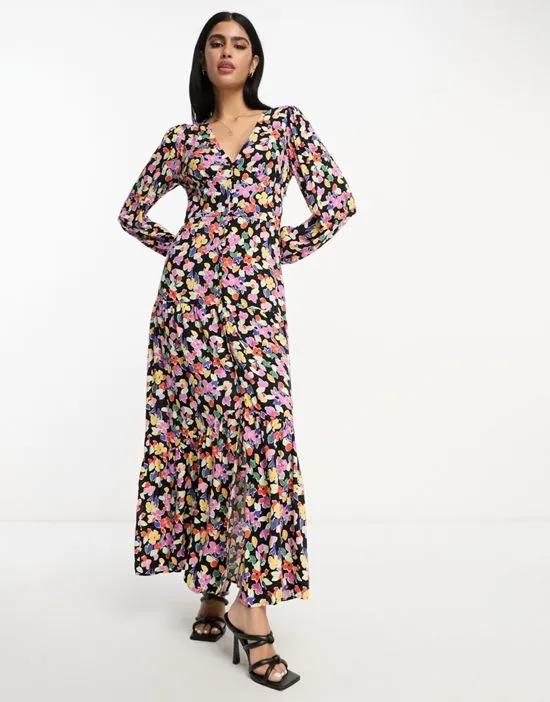 tiered button front maxi dress in floral print