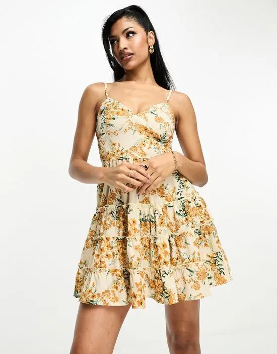 tiered cami strap swing dress in yellow floral print
