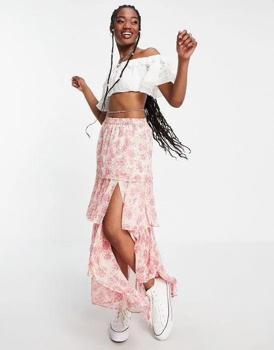 tiered chiffon ruffle maxi skirt in floral