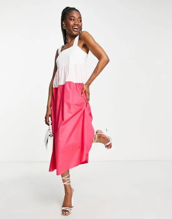 tiered color block midi sundress in pink