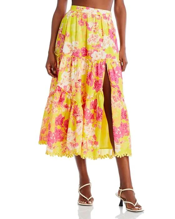 Tiered Floral Print Midi Skirt